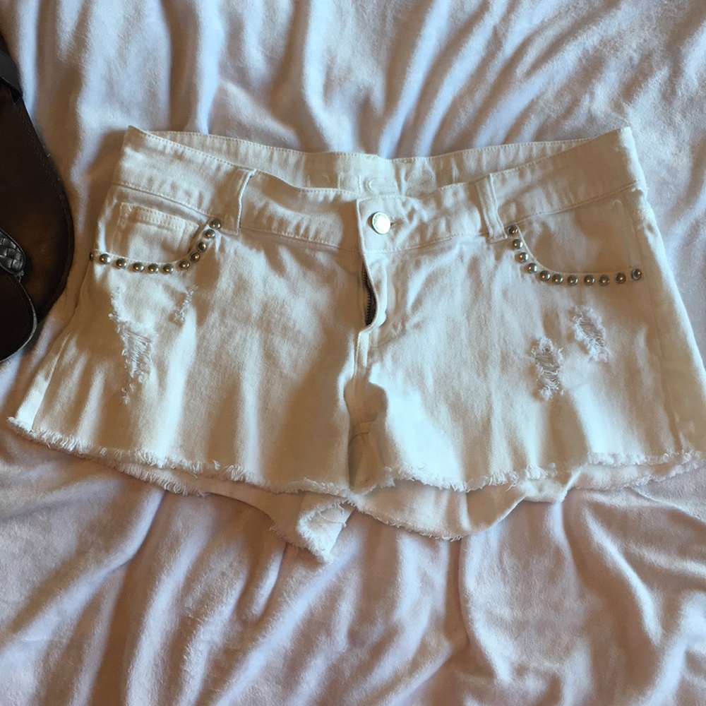 White Studded Distressed Shorts